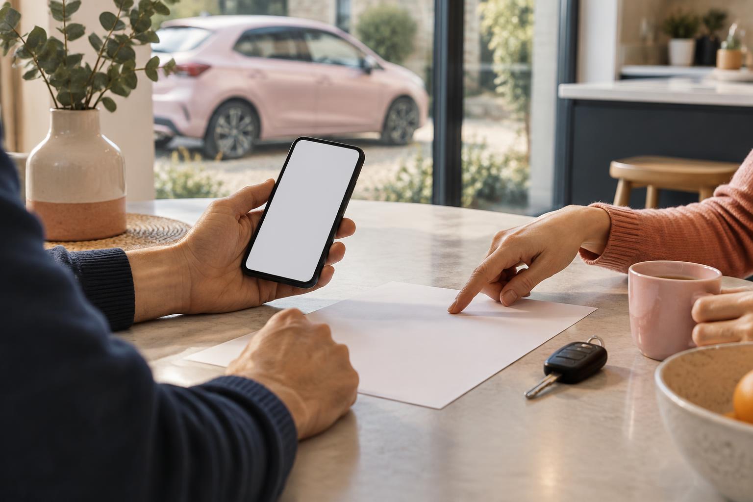 Two people discussing car finance options at a table