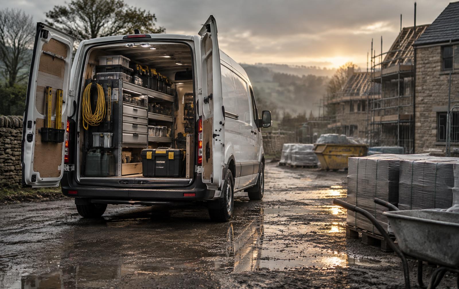 Modern panel van parked outside a UK trade unit at golden hour