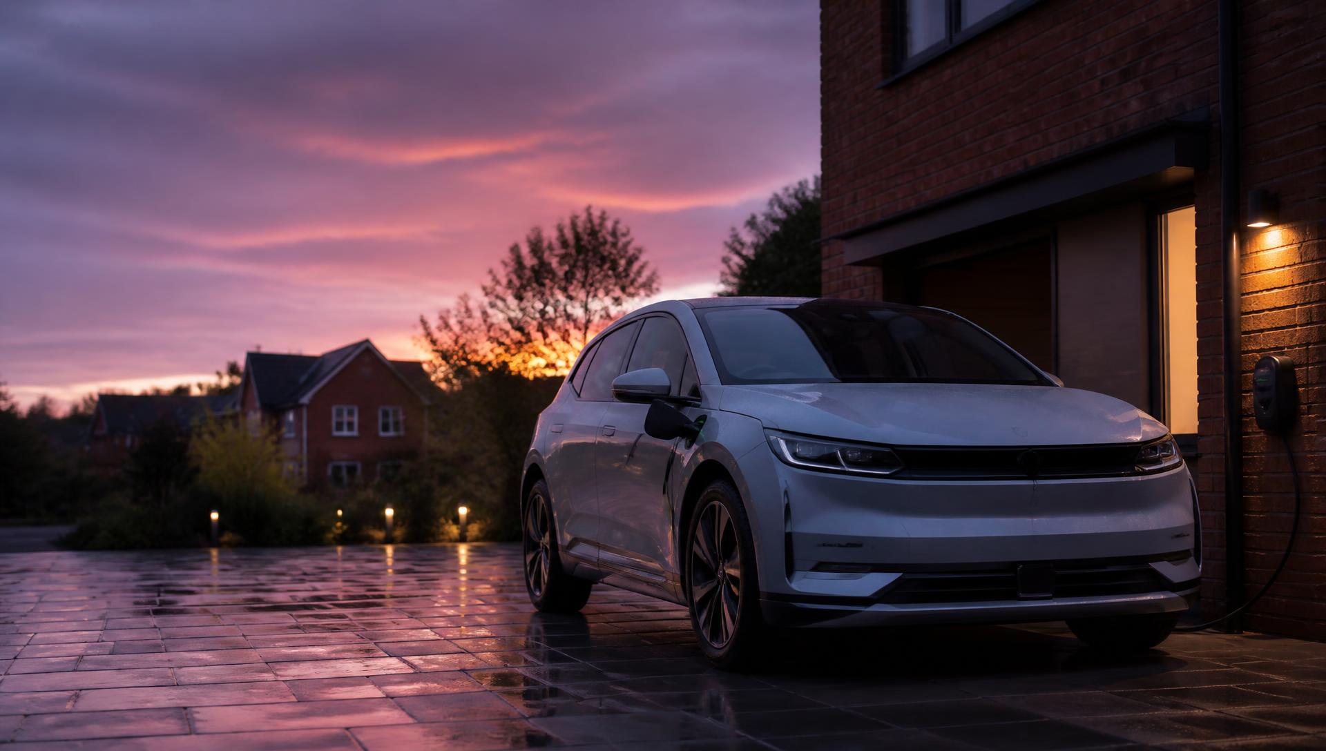 Electric hatchback plugged into a home charger at dusk outside a UK new-build