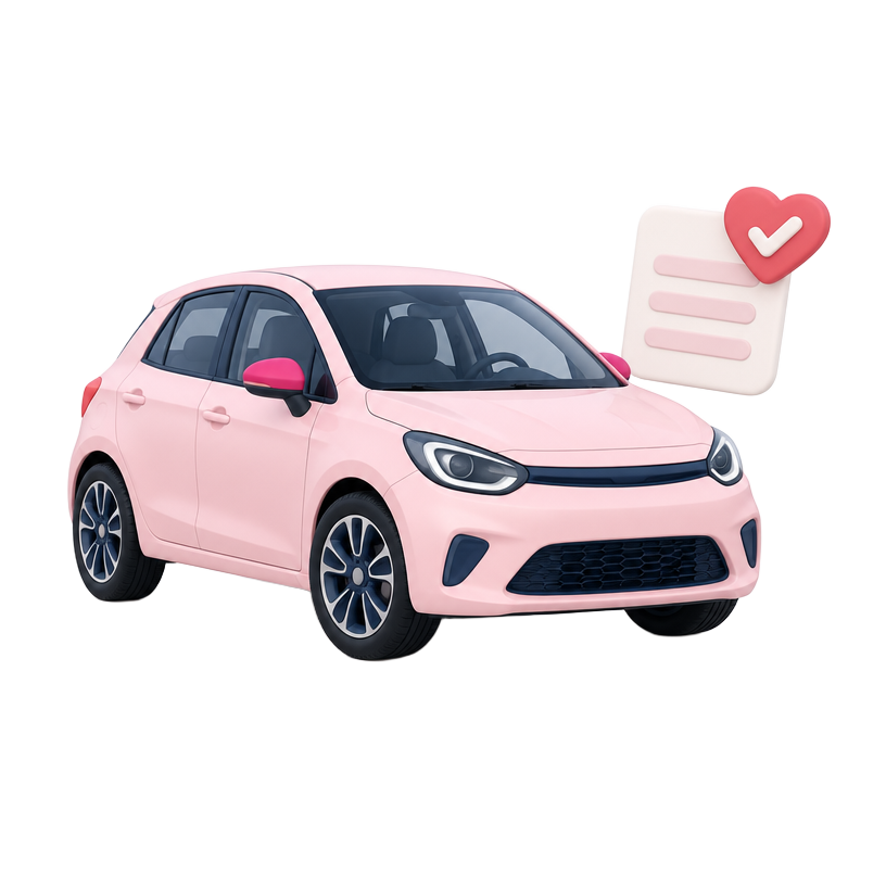 Illustrated pink car beside a checklist