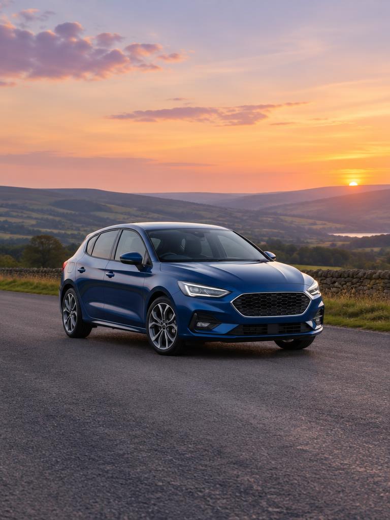 Unbranded blue car against rolling hills at sunset