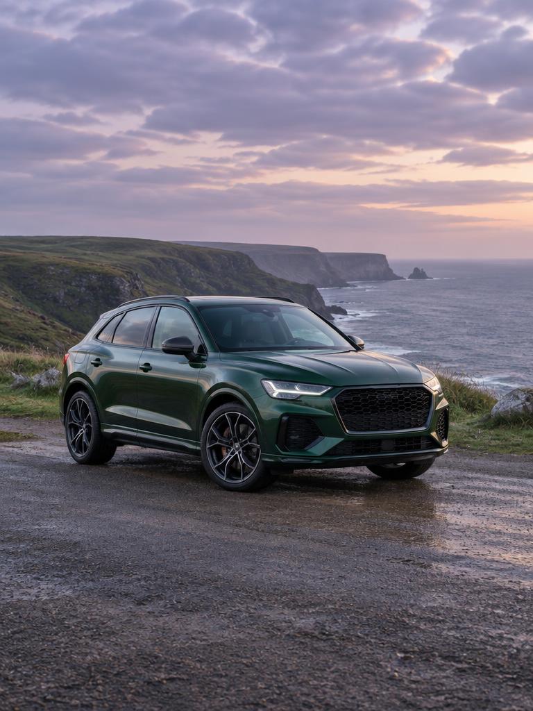 Unbranded green car on a coastal overlook