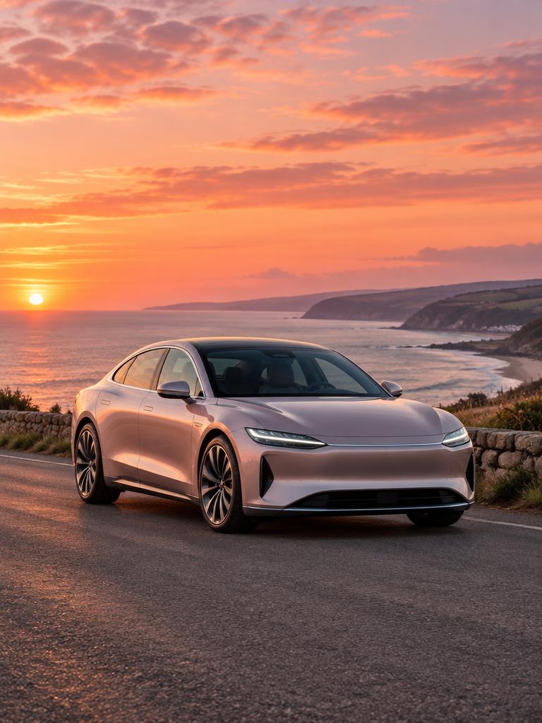 Unbranded silver car on a coastal road at sunset