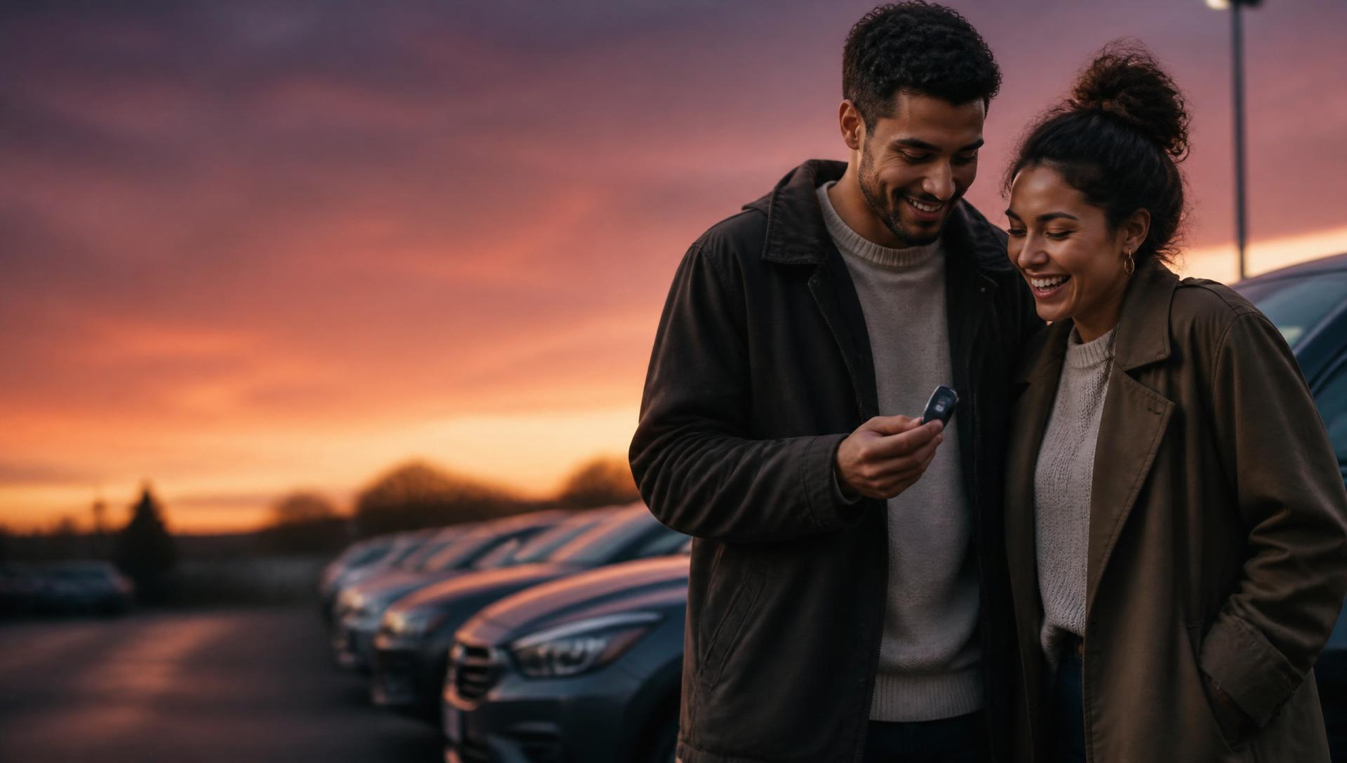 Happy UK driver taking delivery of a used car on a bright forecourt